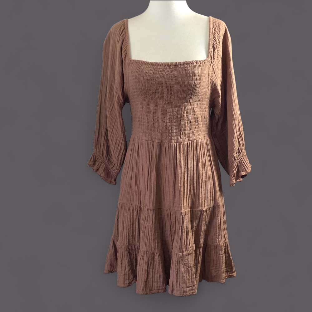 Rebellion Again Brown Smocked Gauze Square-Neck Tiered Dress